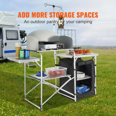 Produktbild von Campingküche Outdoor Faltbar 78 x 49 x 13 cm, Alu Campingschrank, Camping Küche mit Windschutz, Campingmöbel Reiseküche inkl. Haken & Lampenmast 66-121 cm, Küchenschrank Campingtisch Reisen