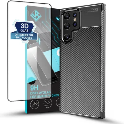 Produktbild von Handy Hülle für Samsung Galaxy S22 Ultra mit 9H Displayglas Displayschutz Plus Carbon Look Cover Case Schutzhülle Farbe: Schwarz
