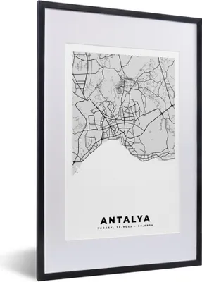 Produktbild von MuchoWow® Gerahmtes Poster Antalya - Stadtplan - Schwarz und weiß - Karte 40x60 cm - Poster mit Schwarzem Bilderrahmen Wandposter Rahmen Foto Bilder - Poster in Rahmen
