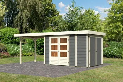 Produktbild von Karibu Gartenhaus Gerätehaus Retola 3 inkl. Anbauschrank und Anbaudach 2,80 m Breite terragrau 574x217x211 cm