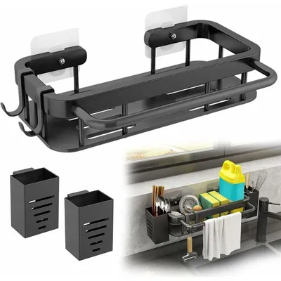 Produktbild von Edelstahl-Spülbecken-Organizer, Schwammhalter für die Spüle, schwarze Schwammaufbewahrung für die Spüle, mit 2 Essstäbchenhaltern, Spülbecken-Organizer für Küche und Badezimmer (Schwarz)
