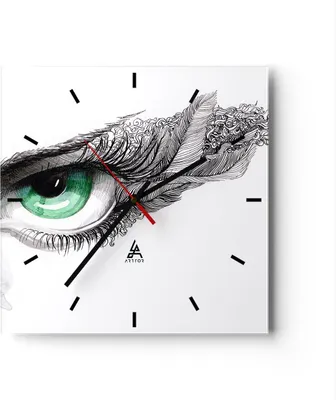 Produktbild von Wanduhr - Quadrat - Glasuhr - Auge Feder Skizze Menschen - 40x40cm - Schleichendes Uhrwerk - Lautlos - zum Aufhängen bereit - Dekoration Modern - Wanddekoration aus Glas - C3AC40x40-3001
