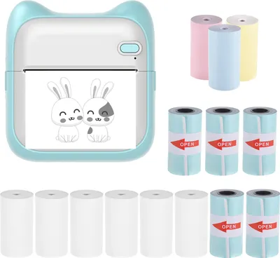 Obrázek produktu pro Mini fototiskárna Bluetooth termotiskárna 203 dpi s 5 rolemi samolepicího termopapíru, 9 rolemi nelepicího termopapíru, kompatibilní se systémem Android iOS pro obrázkové štítky, seznamy pro kutily, poznámky, deník, účtenkový papír