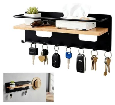 Produktbild von Schlüsselbrett mit Ablage, Schlüsselhalter für die Wand, Holz Schlüsselbrett mit 8 Haken, für Eingangsbereich, Flur, Wohnzimmer, Schlafzimmer (Schwarz)