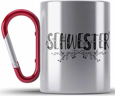Produktbild von Trendation - Lieblingsschwester Edelstahl Tasse Karabiner Geschenk für Schwester Spruch Schwester Karabiner Edelstahl Tasse Karabiner Edelstahl Geschenkidee Sprüche (Rot)
