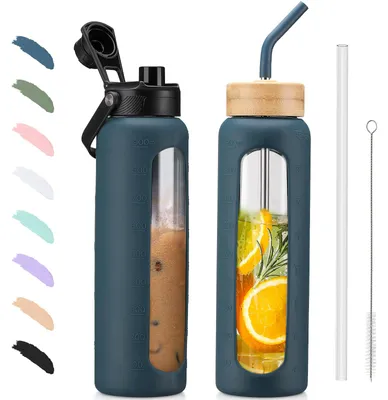 Image de Bouteille en verre de 900 ml avec paille et indicateur de temps, sans BPA, couleur bleu foncé