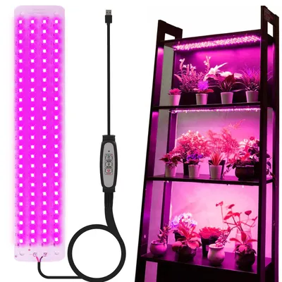 A split image showing a grow light panel on the left and a shelf unit with plants under grow lights on the right.