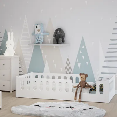 Produktbild von Monte 2in1 Bodenbett 90x200 cm Montessori Kinderbett Rausfallschutz abnehmbar - weiß, 38 kg schwer, bis 200 kg belastbar, extra starker Roll-Lattenrost, umbaubar
