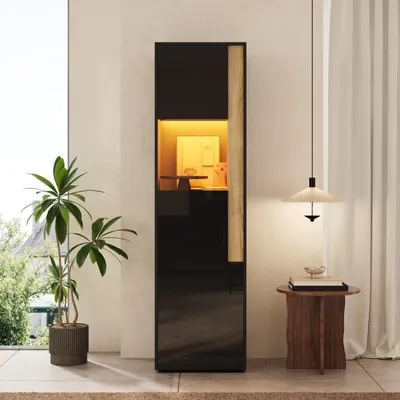 Immagine prodotto di Vetrina con illuminazione a LED, dimensioni 50x40x179 cm, mobile alto con 2 ante, una porta in acrilico, colore nero naturale, realizzata in pannello di particelle di legno e acrilico