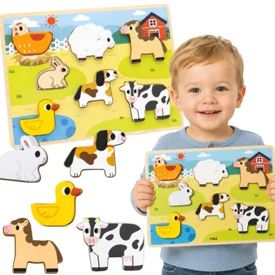 Produktbild von Viga Holzpuzzle Montessori 2-in-1 Figuren Bauernhof