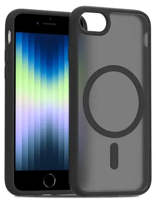 A black iPhone case with a translucent matte back is shown with an iPhone inside.