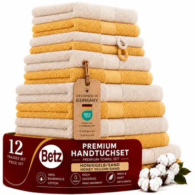 Produktbild von Betz 12-tlg. Handtuch-Set PREMIUM 2 Duschtücher 4 Handtücher 2 Gästetücher 2 Seiftücher 2 Waschhandschuhe  Farbe: honiggelb / sand, KI-generiertes Bild