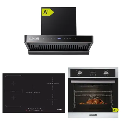 Produktbild von KB ELEMENTS Sparset, Einbauherd Set, Herdset, Induktionskochfeld 80cm 9400 Watt, Dunstabzugshaube 80cm 1350 m³/h, Backofen 60cm 70 Liter, EEK A+