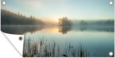 Produktbild von MuchoWow® 80x40 cm Outdoor-Poster Gartendeko Sichtschutz Garten Poster für den Garten  Sonnenaufgang am See