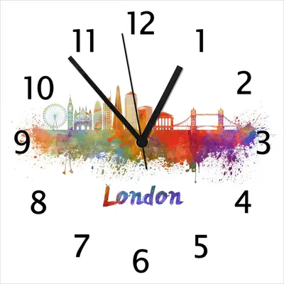 Produktbild von Wallario Design Wanduhr Städte als Aquarell - Skyline von London aus Echtglas, Größe 30 x 30 cm