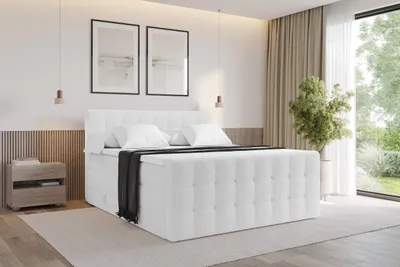 Produktbild von ALTDECOR Boxspringbett mit Fußteil - H3/H4 Matratze und Topper - IGAN-Z KING - 200x200 - Weiß - Doppelbett, Boxbett, Polsterbett mit Bettkasten mit Stauraum und Kopftei