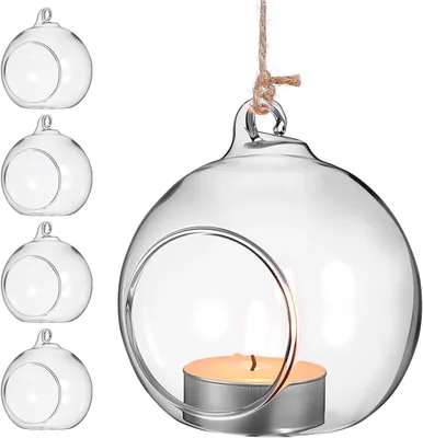 Productafbeelding van 5 stuks kogelhangers van glas, houder voor luchtplanten, kandelaar, vaas, terrarium, hangers, glazen kandelaars van glas, bolvormig, decoratie