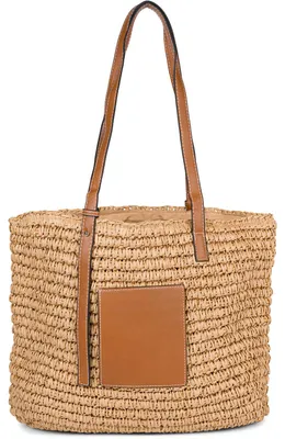 Produktbild von styleBREAKER Korbflecht Schultertasche aus Papierstroh mit Kunstleder Details | Damen Shopper Basttasche geflochten mit Reißverschluss | Strandtasche 43 x 34 x 4 cm