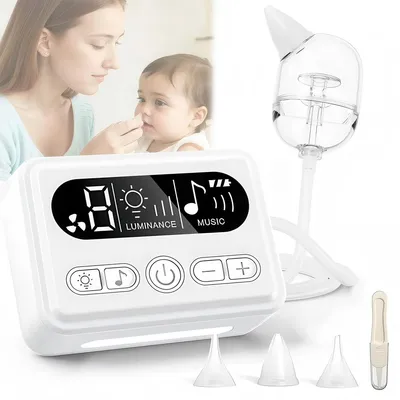 Produktbild von Elektrischer Baby Nasensauger mit 9 Saugstufen, Nachtlicht & Schlafliedern, 3 Silikonaufsätze, Pinzette, USB-C, weiß