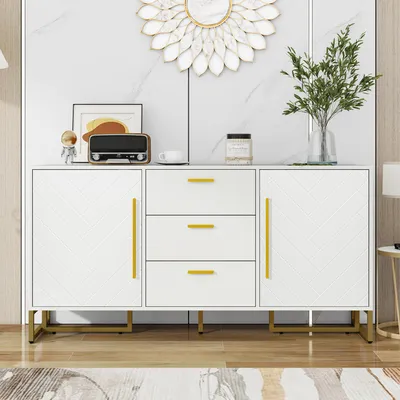 Image de Buffet à 2 portes et 3 tiroirs, motif à chevrons, pour le salon, la cuisine ou le couloir, blanc