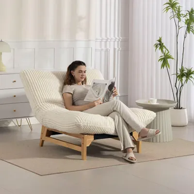 Image de Fauteuil poire pour adultes, fauteuil de détente confortable, fauteuil simple sans accoudoirs en tissu cordé, avec dossier – idéal pour le salon et la chambre à coucher, blanc