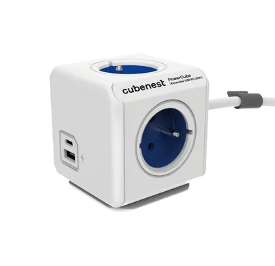 Obrázok produktu pre PowerCube Cubenest Extended USB PD 20W, A+C, 1,5 m predlžovací kábel, modrý - detská poistka, uzemnenie, max 16A/250V2500W/50-60Hz