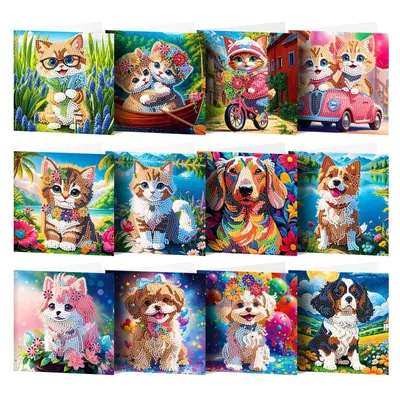 Produktbild von Diamond Painting Karten Set – 12 Katzen & Hunde Grußkarten | 15 x 15 cm | Kreativgeschenk für Erwachsene | DIY Bastelset inkl. Steinchen, Stift, etc.