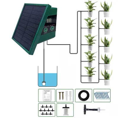 Zdjęcie produktu dla System nawadniania solarny. Automatyczne tryby nawadniania. Automatyczny system nawadniania do ogrodu, wyposażony w 10 metrów węża do nawadniania kropelkowego, idealny do roślin doniczkowych i ogrodu
