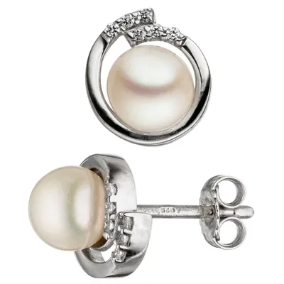Produktbild von Ohrstecker Süßwasser Perlen Zuchtperlen weiß & Zirkonia 925 Silber Ohrschmuck