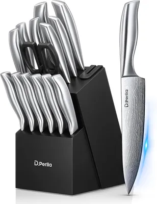 Imagen del producto de Juego de cuchillos de cocina de 15 piezas, de acero inoxidable, con bloque de madera, para cocinar y cortar