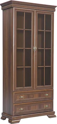 A full-shot of a wooden display cabinet with glass doors and drawers.