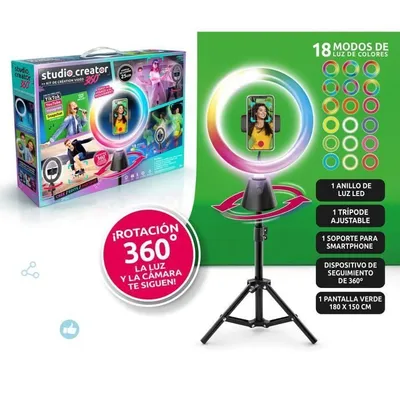 A product shot of a ring light kit for content creation, with a box on the left and the ring light setup on the right.