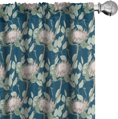 Image de ABAKUHAUS Rideaux de printemps, voilages, fleurs de protéa, feuilles d'eucalyptus, prairie exotique, motif botanique, 2 pièces 75 x 175 cm, rose, vert et bleu nuit