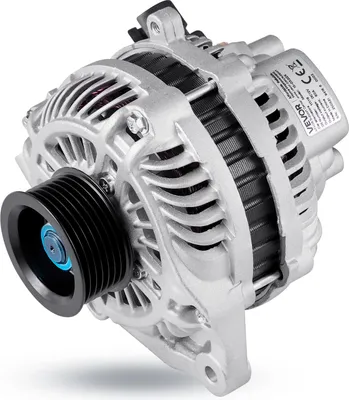 A close-up studio shot of a car alternator.