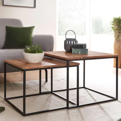Image de Table de salon composée de 2 tables d'appoint en bois massif d'acacia / métal carré | Wohnling