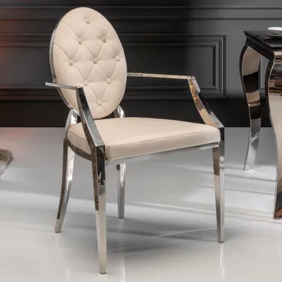 Produktbild von Eleganter Stuhl MODERN BAROCK beige Samt mit Armlehnen und Zierknöpfen