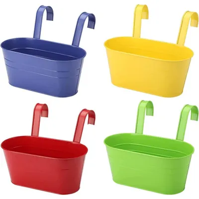 Productafbeelding van Hangende bloempotten, metaal, 4 stuks, 27,5 cm, 4 kleuren, met haak, geschikt voor balkon, hek, tuin