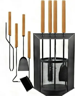 Produktbild von BLACK OAK Kaminbesteck DAVOS 5-teilig H60xB29xT16cm schwarz Stahl & Holzgriff Ofenbesteck Set modern