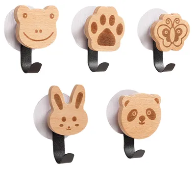 5 Kinder-Kleiderhaken aus Holz, Cartoon-Tiere, selbstklebend