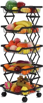 Image de panier à légumes à 5 étages, panier à fruits, étagère à légumes réglable avec roulettes verrouillables, panier à fruits, bac à légumes pour cuisine, salle à manger, salle de bain, garage, noir
