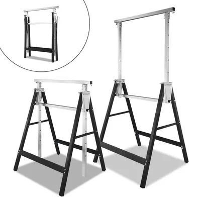 Image de Ensemble de 2 supports de travail Peviasot en acier, réglables en hauteur 7 fois, de 80 à 130 cm, supports pliables, couleur noire