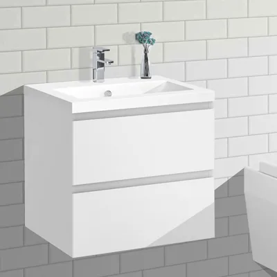 Produktbild von Badezimmermöbel 50cm KANY hochglanz Weiß Badmöbel set,Mineralguss Waschtisch,Badezimmer Badmöbel mit 2 Schubladen,Selbstmontierter Unterschrank