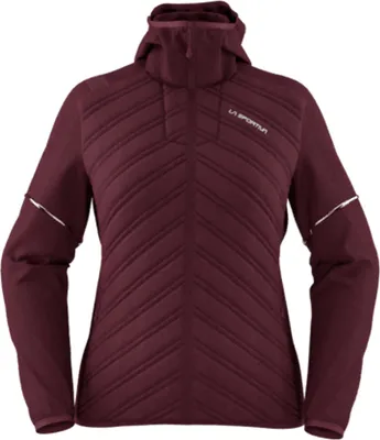 Dunkelrote Insulationsjacke "Koro Jkt W" von La Sportiva mit Kapuze und gestepptem Design.