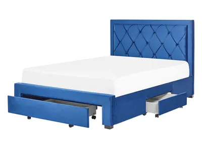 Produktbild von BELIANI Polsterbett Blau Samtstoff 3 Schubladen Lattenrost 140 x 200 cm mit Hohem Kopfteil im Chesterfield Stil Knopfheftung Glamourös Schlafzimmer