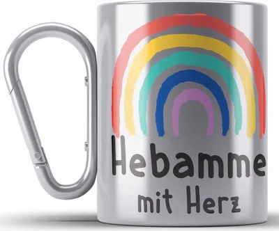 Produktbild von Trendation - Hebamme mit Herz Edelstahl Tasse Karabiner Geschenk Geschenke mit Spruch Karabiner Edelstahl Tasse Karabiner Edelstahl Hebamme Dankeschön (Silber)