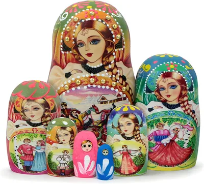 Productafbeelding van Russische Matriochka meisjes met vlecht - Set van 7 - Meerkleurig - Versierd met bloemen en parels