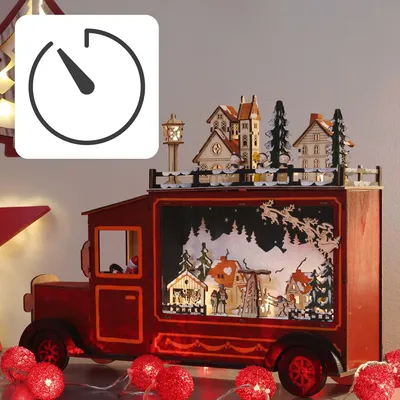 Produktbild von LED Lastwagen Holz Deko Weihnachten Winterszene Stadt beleuchtet Batterie Tisch