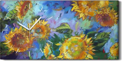 Produktbild von Küche Wohnzimmer Wand Leinwand Uhr 60x30 Gemälde Blumen Sonnenblumen Kunst - weiße Hände