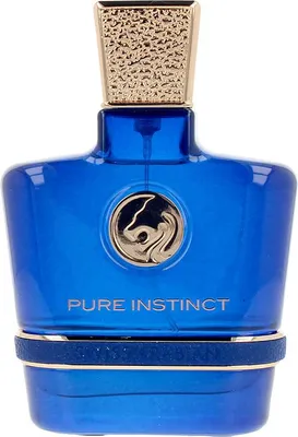 A product shot of a blue perfume bottle with a gold cap and emblem.