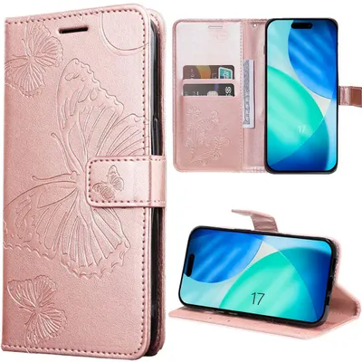 Image de Coque pour iPhone 17, Protection Rabat Antichoc Anti-Rayures Effet Cuir Rose avec Motif Papillon